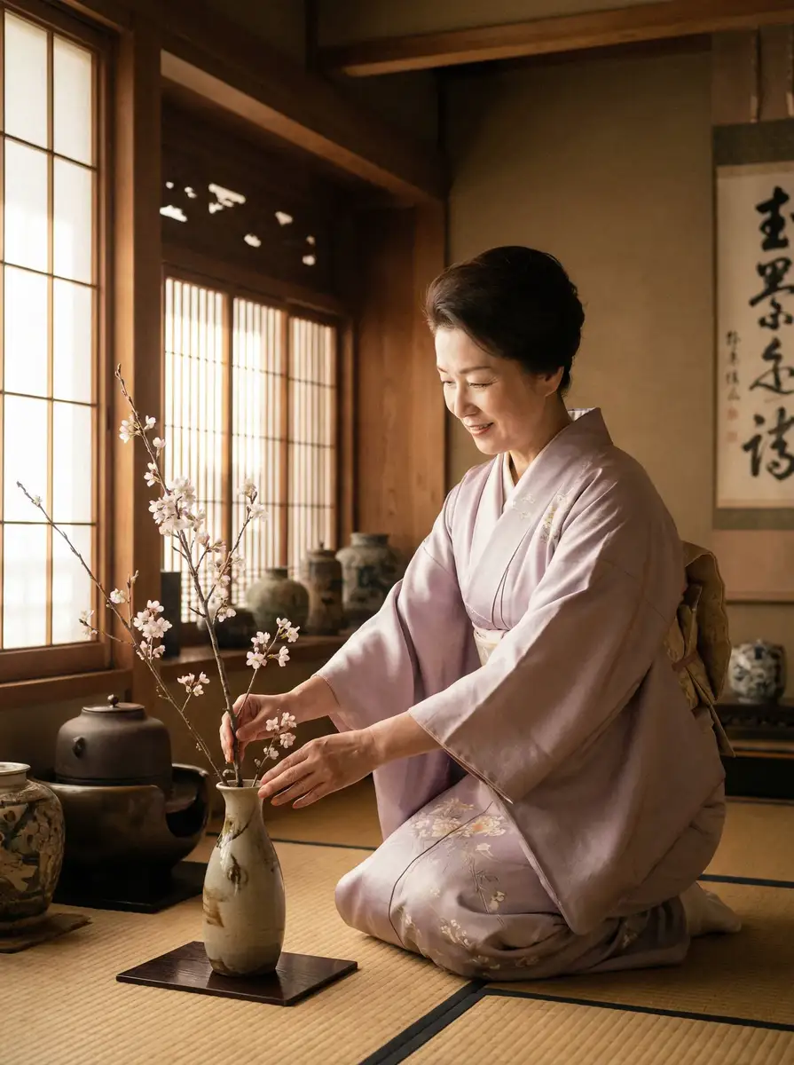 一位优雅的 天博综合体育平台 在和室中插花
